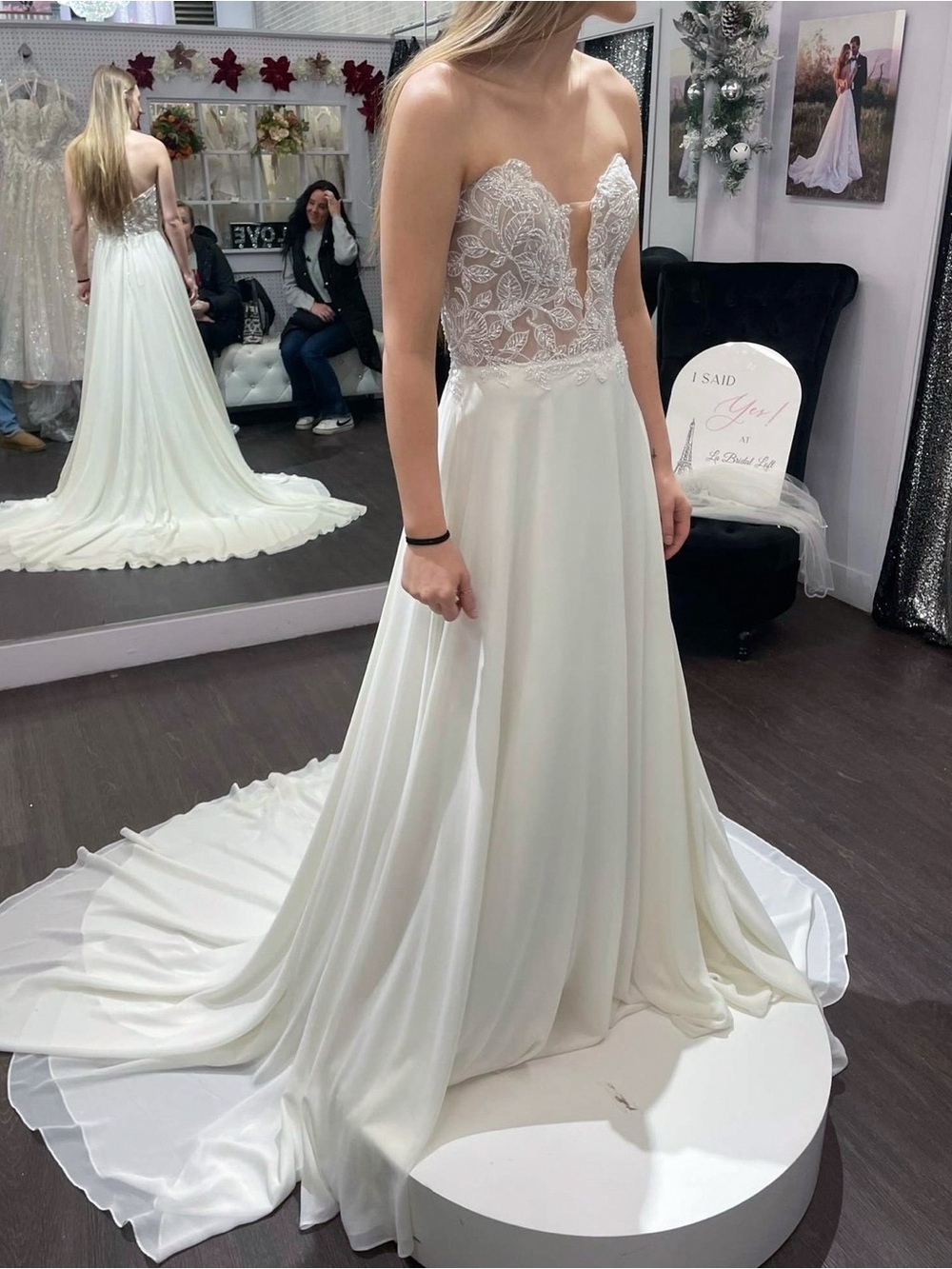 Strapless White Lace Bodice A-Line Dress - Women With Sleeves